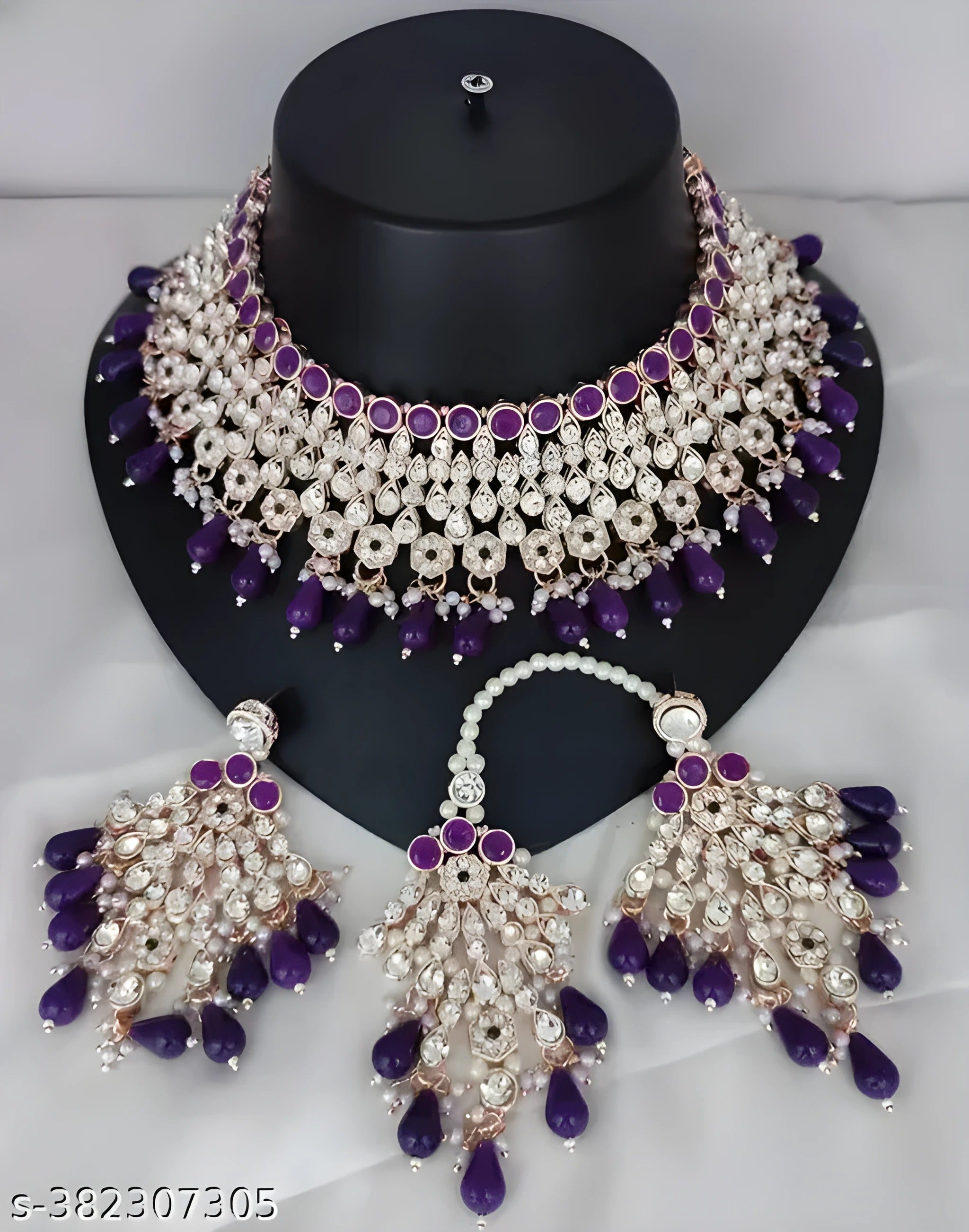 Jewel City Royal Purple Kundan & Pearl Bridal Jewelry Set-Luxury Choker Necklace Earrings & Maang Tikka-Ethnic Wedding & Party Wear