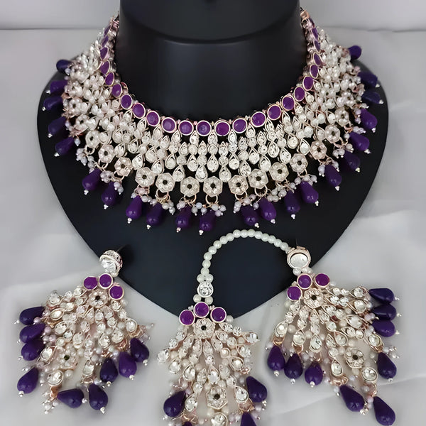 Jewel City Royal Purple Kundan & Pearl Bridal Jewelry Set-Luxury Choker Necklace Earrings & Maang Tikka-Ethnic Wedding & Party Wear - Distacart