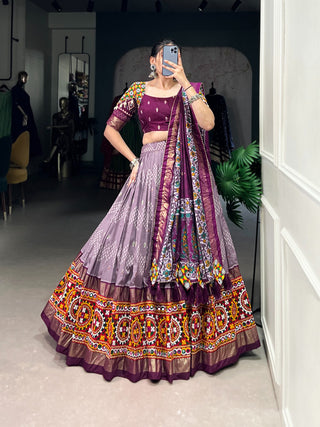 Lorenvalley Wine Tussar Silk Dot and Ikkat Print with Mirror Gamthi Work and Foil Work Lehenga Choli with Dupatta - Distacart