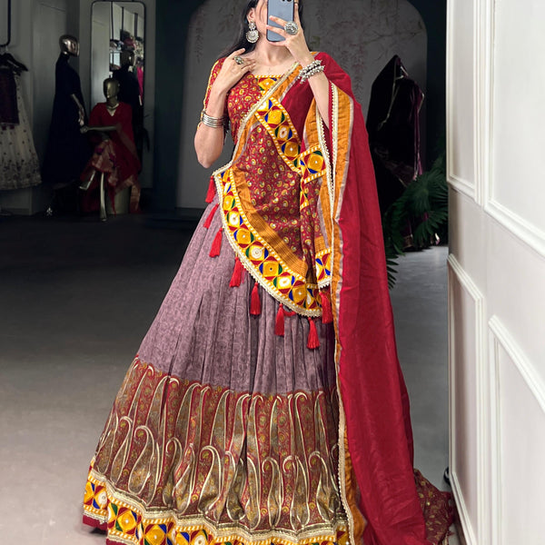 Lorenvalley Fashion Tasar Silk Kashmiri Print With Foil Print And Original Mirror Gamthi work Lehenga Choli with Dupatta - Distacart