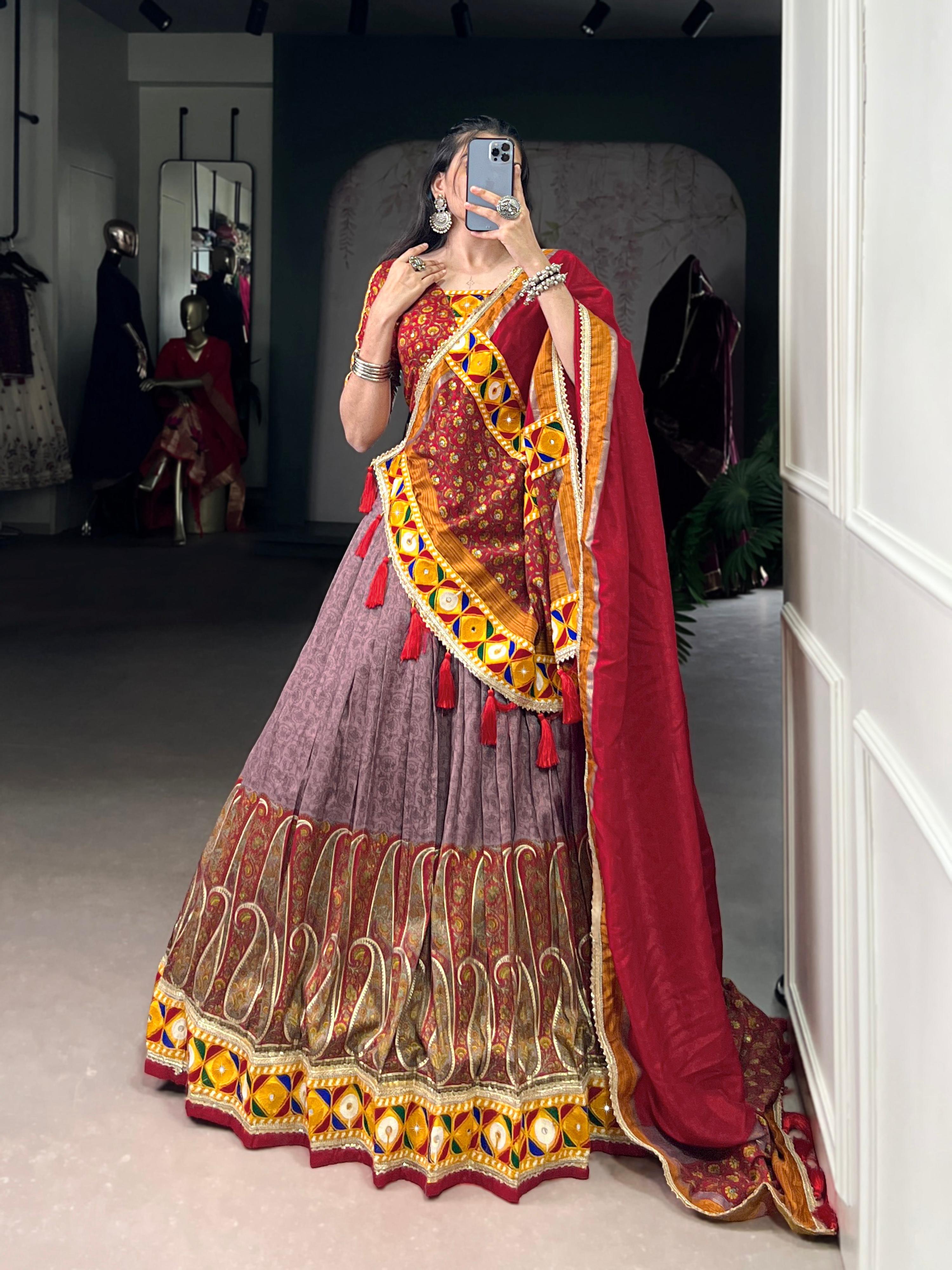 Lorenvalley Fashion Tasar Silk Kashmiri Print With Foil Print And Original Mirror Gamthi work Lehenga Choli with Dupatta - Distacart