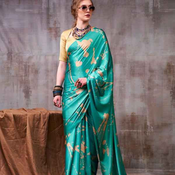 Vastranavya Sea Blue Satin Silk Printed Saree with a Natural Silk Unstitched Blouse - Distacart