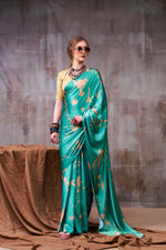 Thumbnail for Vastranavya Sea Blue Satin Silk Printed Saree with a Natural Silk Unstitched Blouse - Distacart