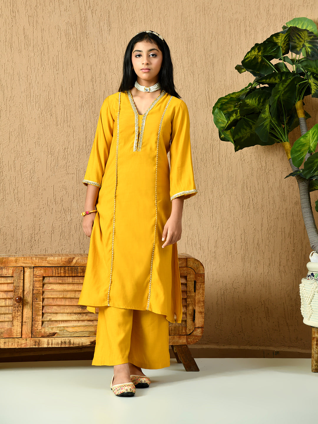Myshka Kids Girls Calf length Embellished Kurta Set Mustard Color - Distacart