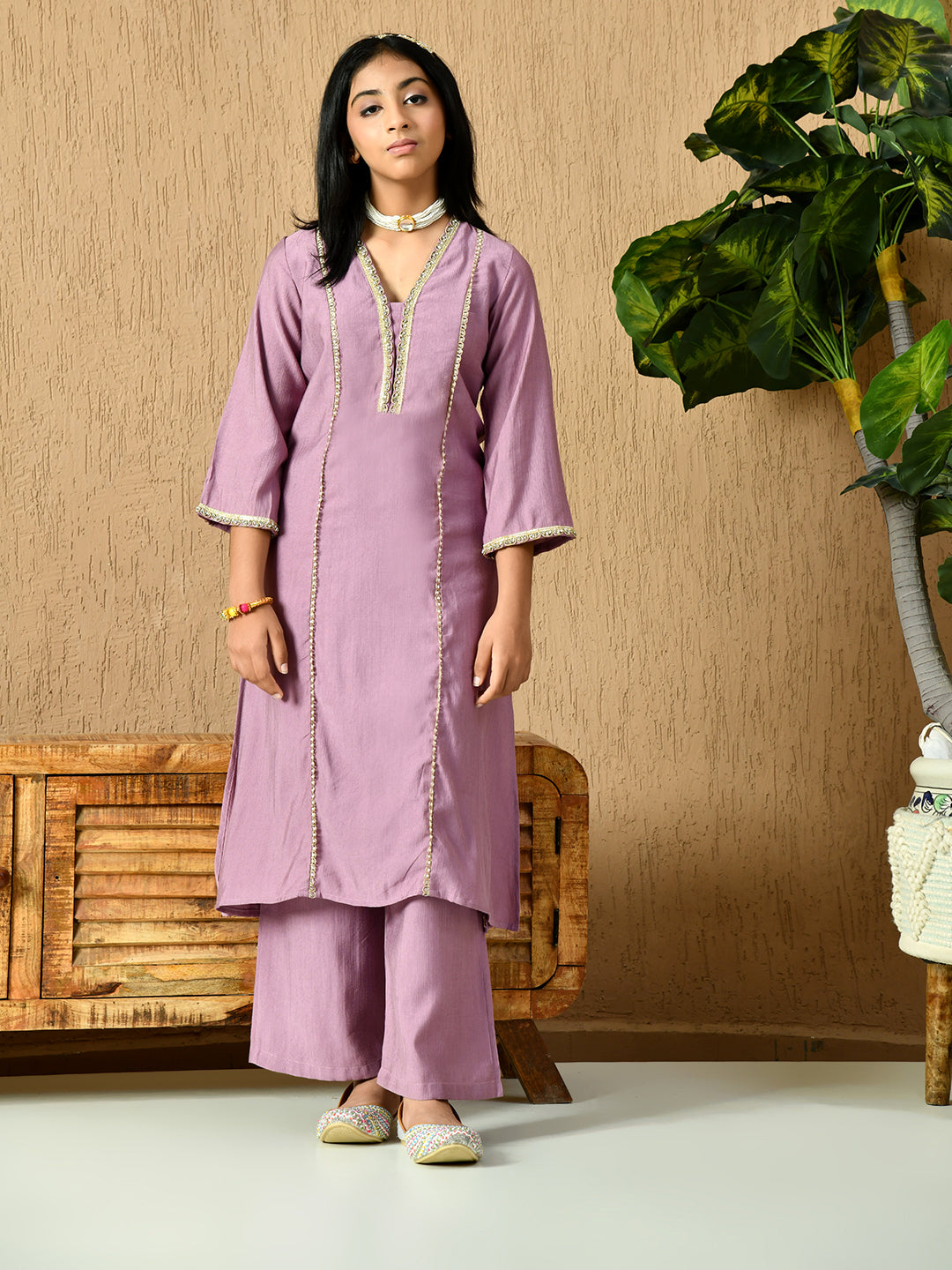 Myshka Kids Girls Calf length Embellished Kurta Set Lavender Color - Distacart