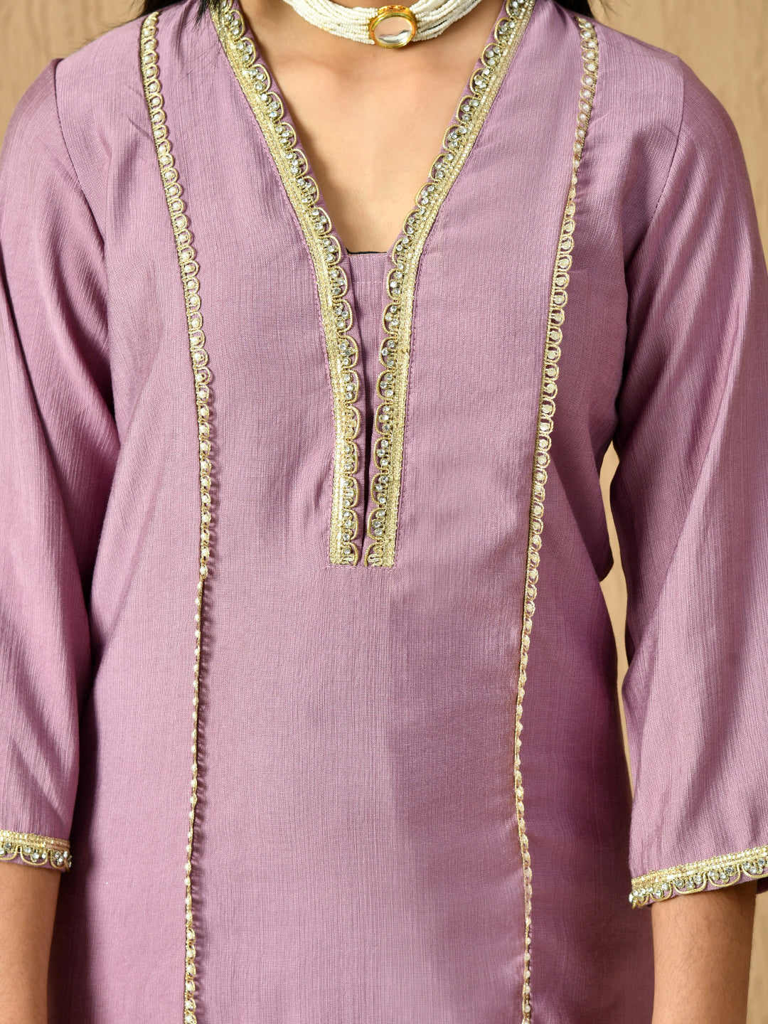 Myshka Kids Girls Calf length Embellished Kurta Set Lavender Color