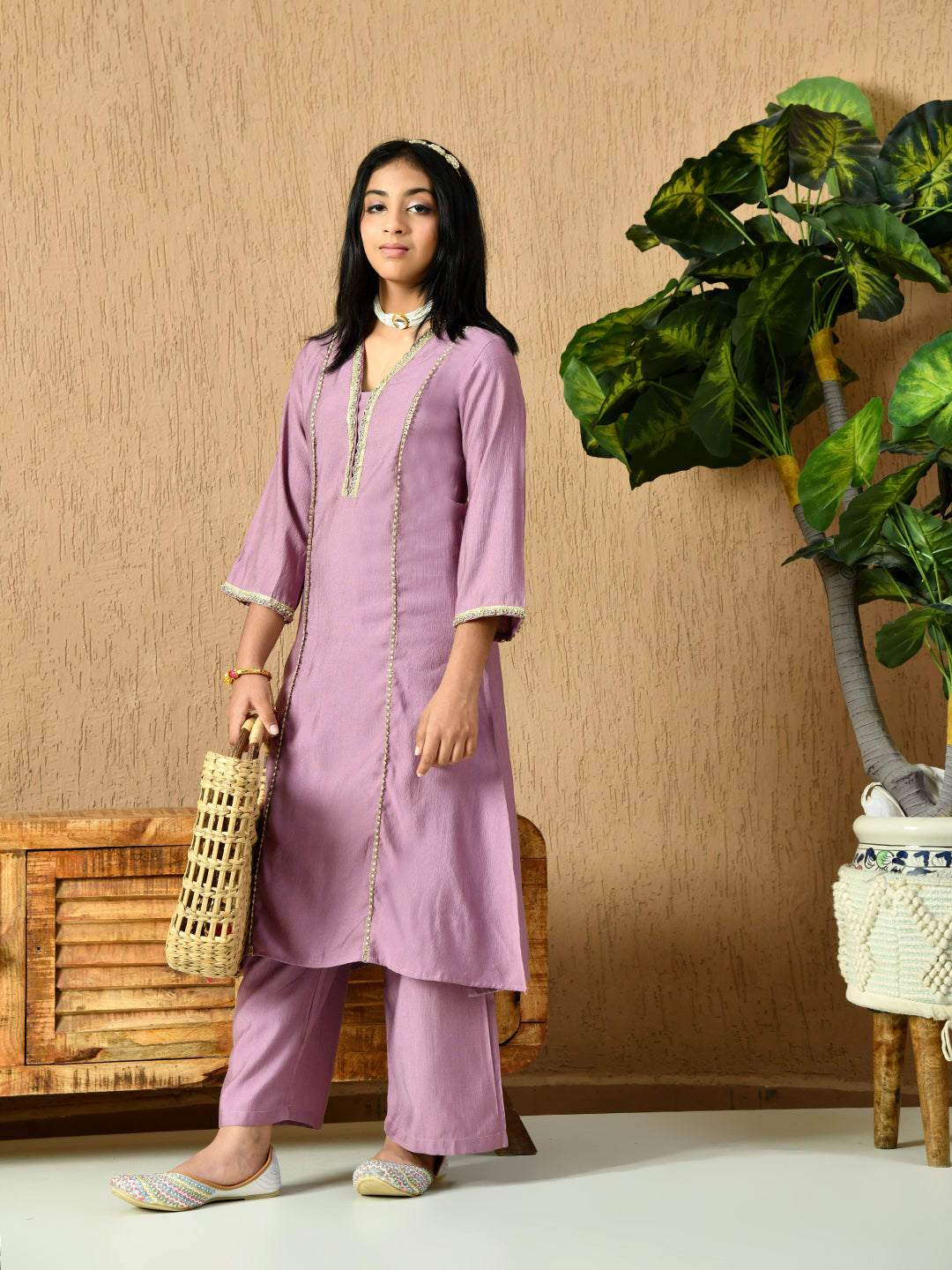 Myshka Kids Girls Calf length Embellished Kurta Set Lavender Color