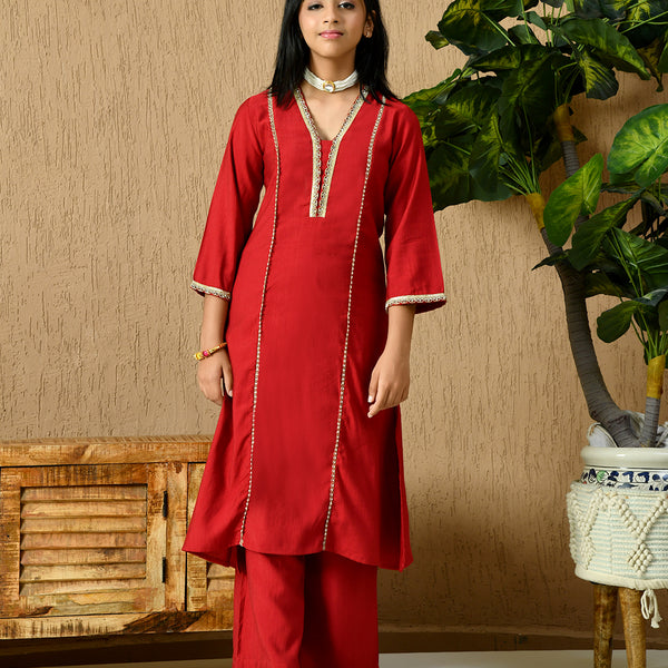 Myshka Kids Girls Calf length Embellished Kurta Set Red Color - Distacart