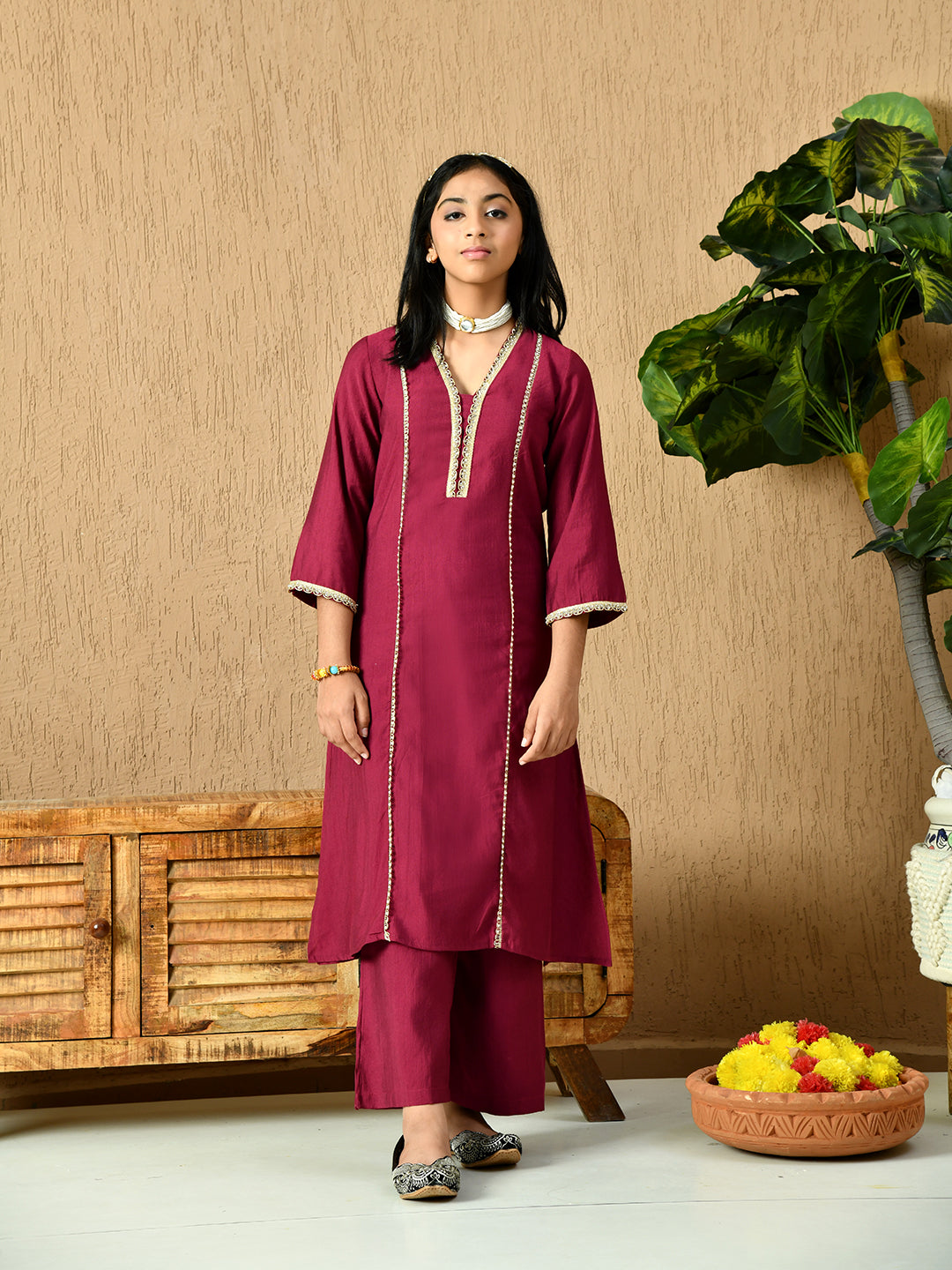 Myshka Kids Girls Calf length Embellished Kurta Set Magenta Color - Distacart