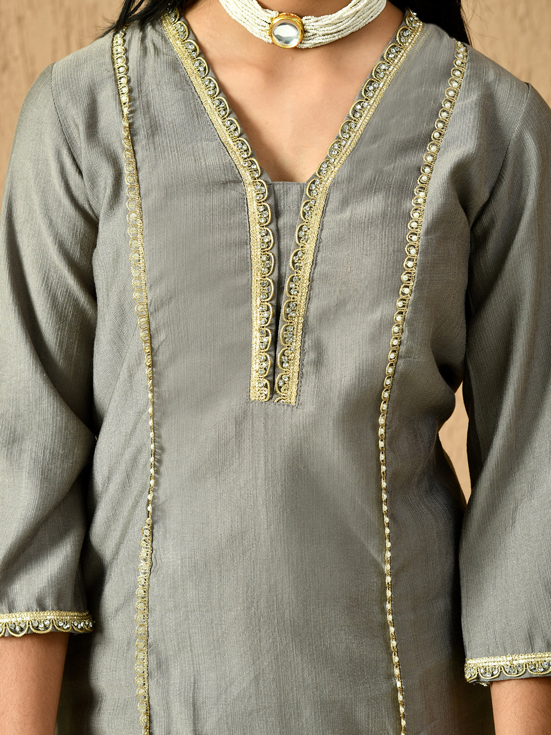 Myshka Kids Girls Calf length Embellished Kurta Set Grey Color