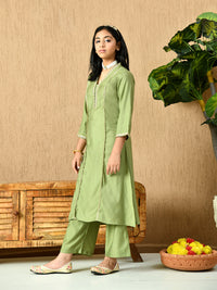 Thumbnail for Myshka Kids Girls Calf length Embellished Kurta Set Olive Color