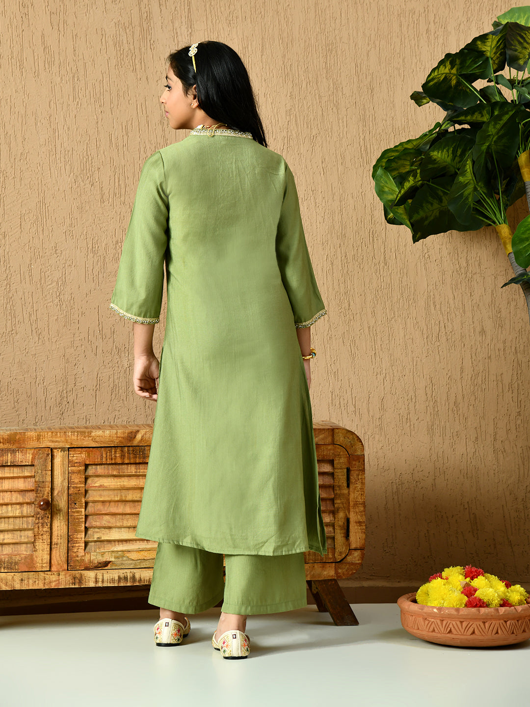 Myshka Kids Girls Calf length Embellished Kurta Set Olive Color - Distacart