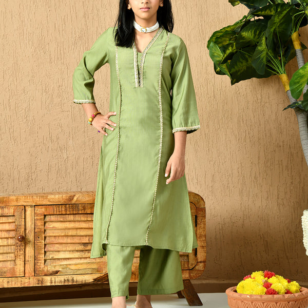 Myshka Kids Girls Calf length Embellished Kurta Set Olive Color - Distacart