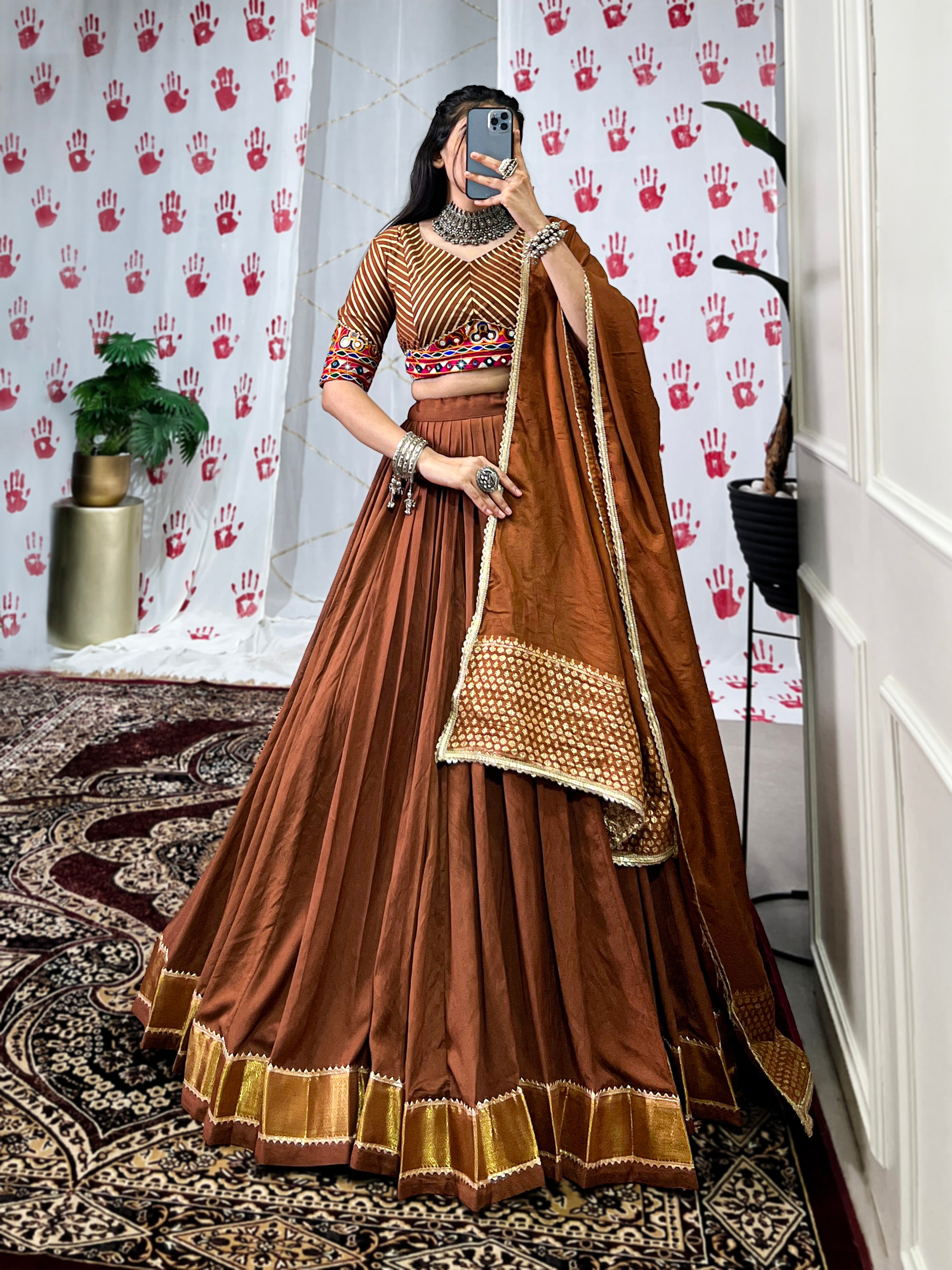 Lorenvalley Brown Pure Chanderi Zari Weaving Work With Gotta Patti Lace Touch Up Lehenga Choli with Dupatta