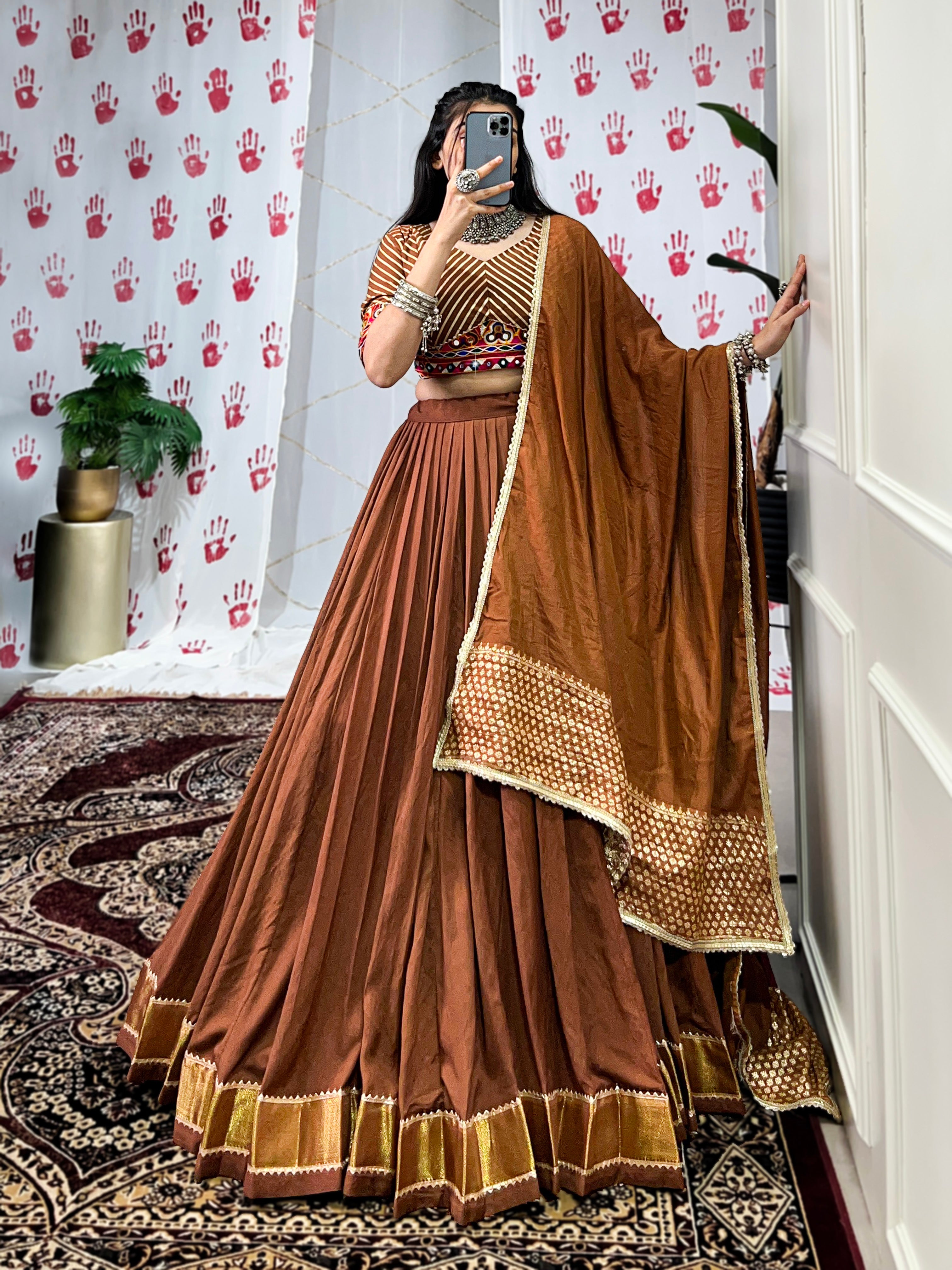 Lorenvalley Brown Pure Chanderi Zari Weaving Work With Gotta Patti Lace Touch Up Lehenga Choli with Dupatta