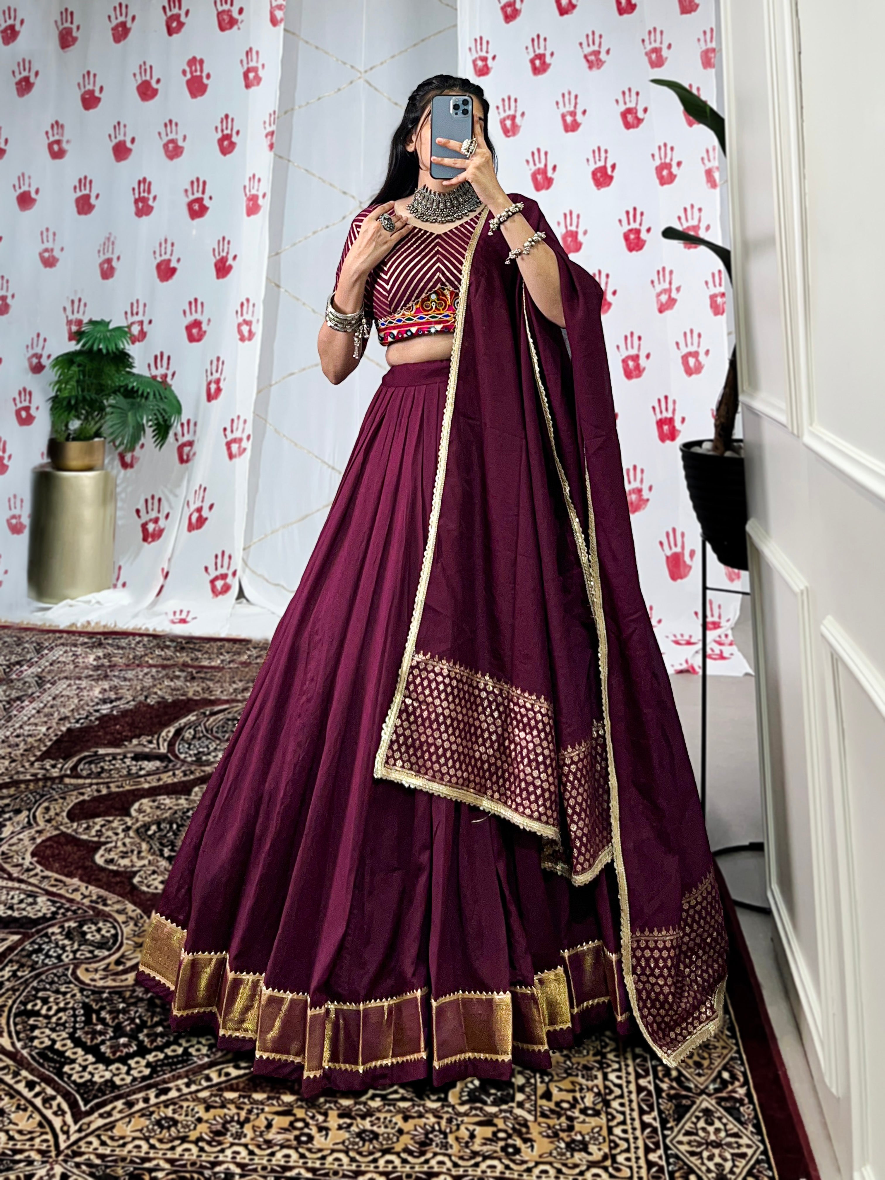 Lorenvalley Wine Pure Chanderi Zari Weaving Work With Gotta Patti Lace Touch Up Lehenga Choli with Dupatta