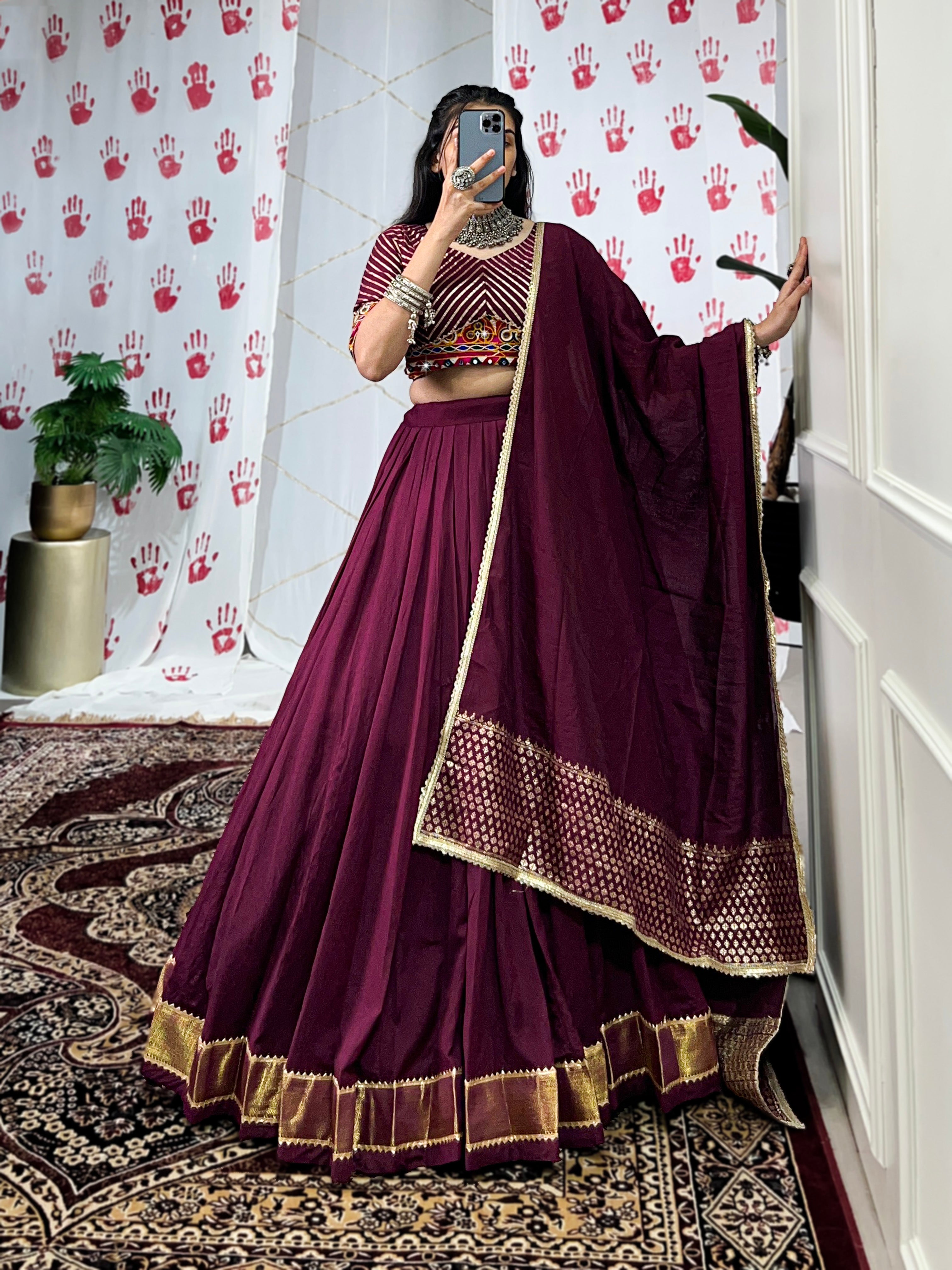 Lorenvalley Wine Pure Chanderi Zari Weaving Work With Gotta Patti Lace Touch Up Lehenga Choli with Dupatta