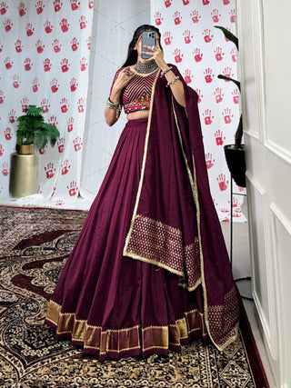 Lorenvalley Wine Pure Chanderi Zari Weaving Work With Gotta Patti Lace Touch Up Lehenga Choli with Dupatta