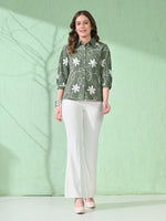 Thumbnail for Myshka Women's Causal Printed Shirt Style Embroidered Top Olive Color