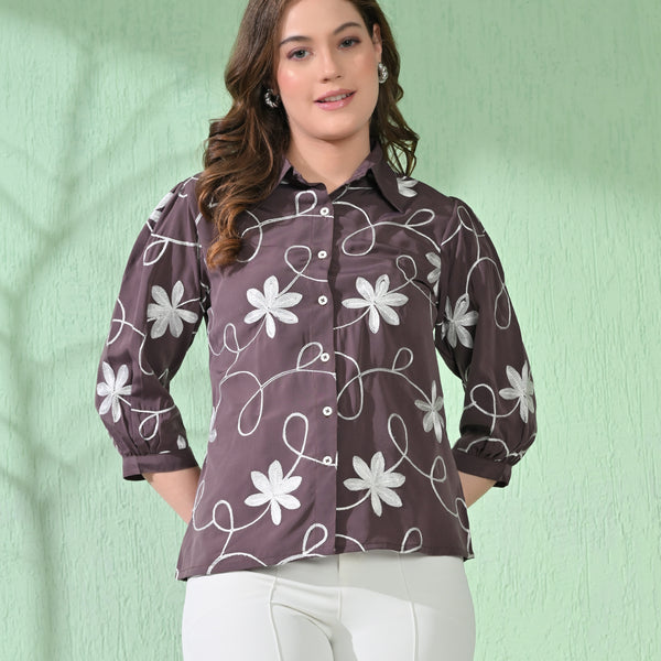 Myshka Women's Causal Printed Shirt Style Embroidered Top Brown Color - Distacart