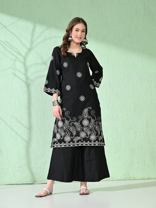 Myshka Women's Embroidered Calf Length Black Kurta With Palazzo - Distacart