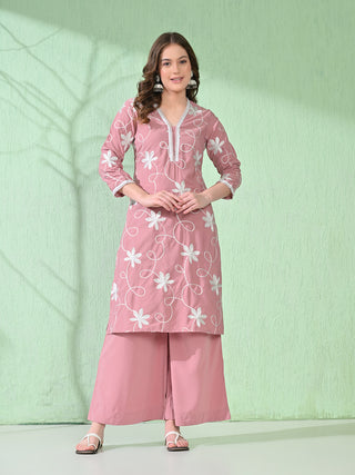 Myshka Women's Embroidered Calf Length Pink Kurta With Palazzo - Distacart