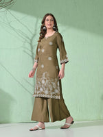 Thumbnail for Myshka Women's Embroidered Calf Length Olive Kurta With Palazzo