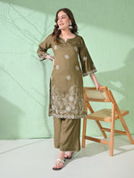 Thumbnail for Myshka Women's Embroidered Calf Length Olive Kurta With Palazzo