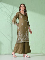 Thumbnail for Myshka Women's Embroidered Calf Length Olive Kurta With Palazzo