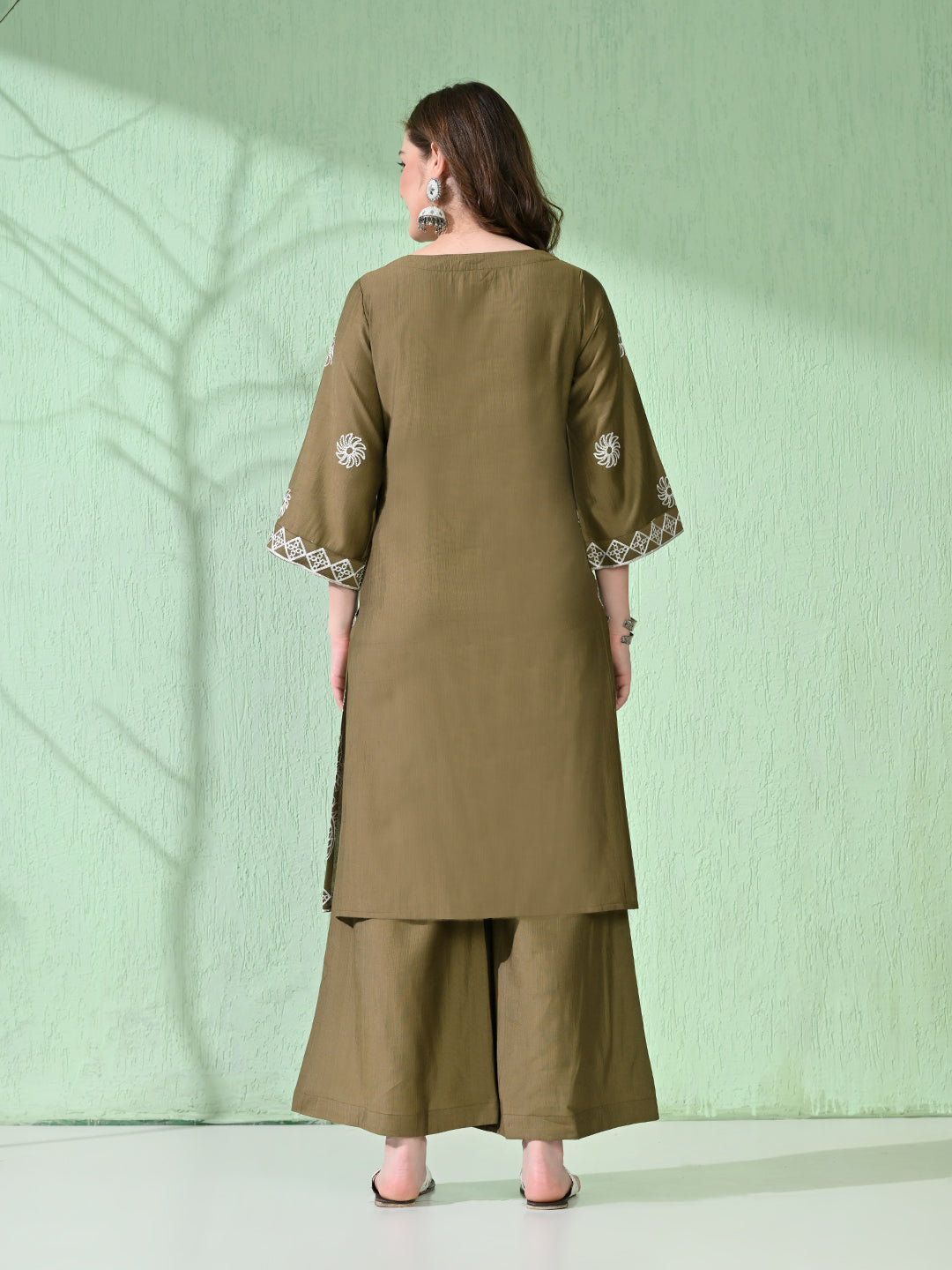 Myshka Women's Embroidered Calf Length Olive Kurta With Palazzo - Distacart