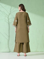 Thumbnail for Myshka Women's Embroidered Calf Length Olive Kurta With Palazzo