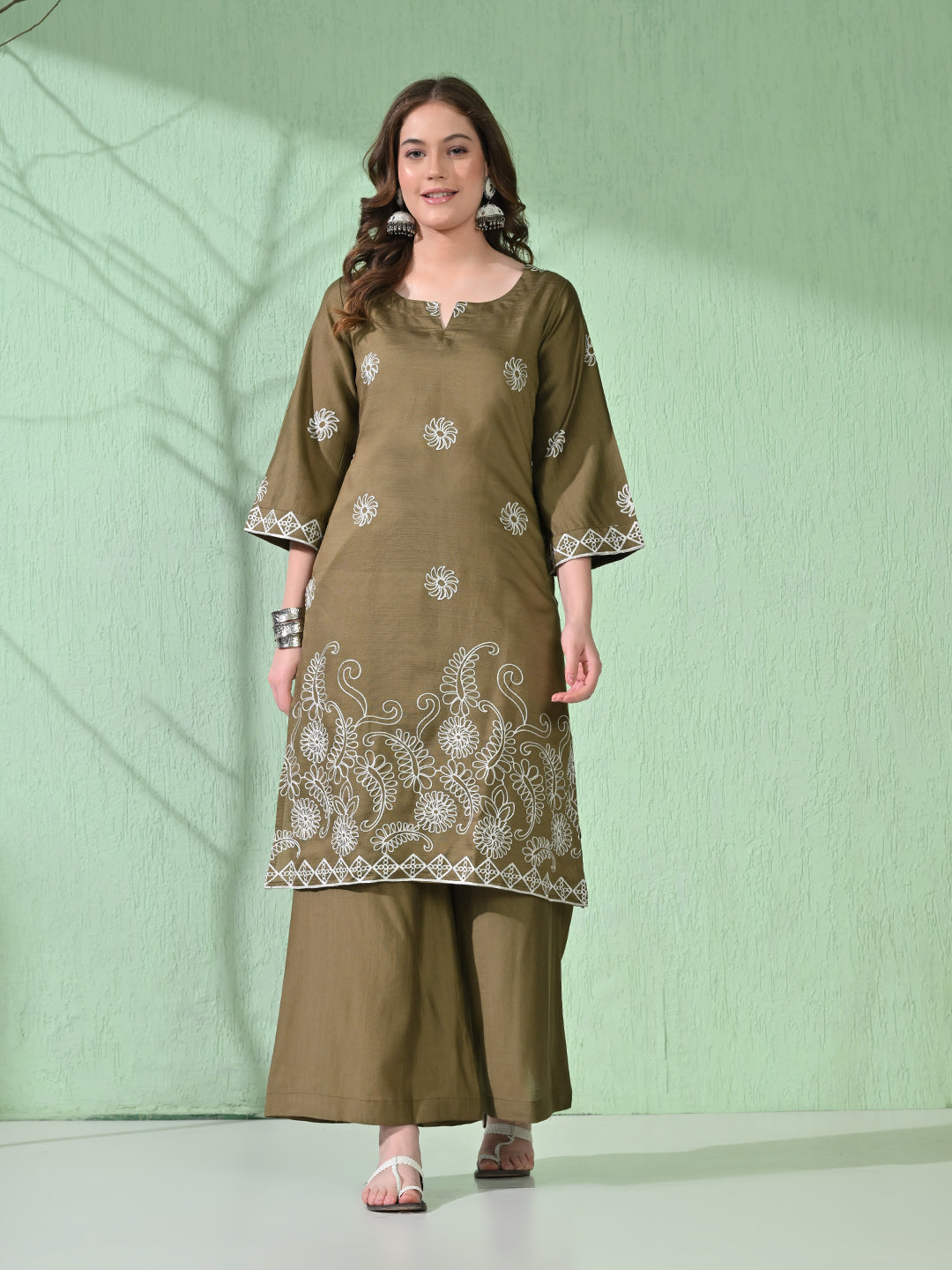 Myshka Women's Embroidered Calf Length Olive Kurta With Palazzo - Distacart