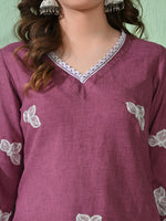 Thumbnail for Myshka Women's Embroidered Calf Length Mauve Kurta With Palazzo