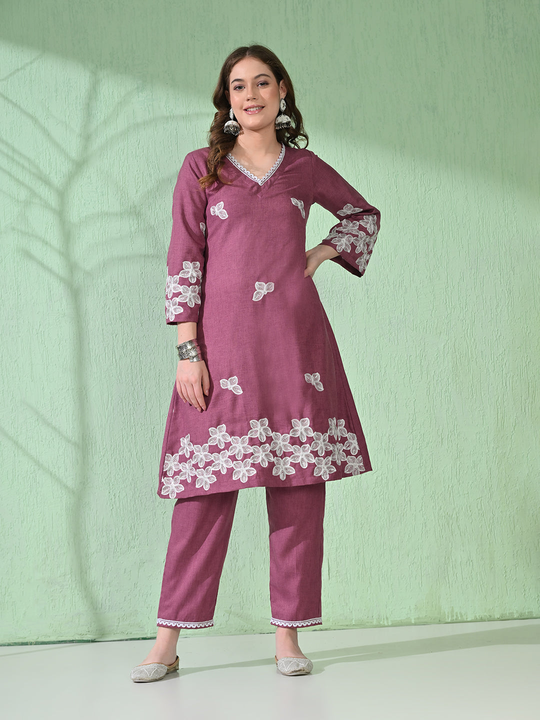 Myshka Women's Embroidered Calf Length Mauve Kurta With Palazzo - Distacart