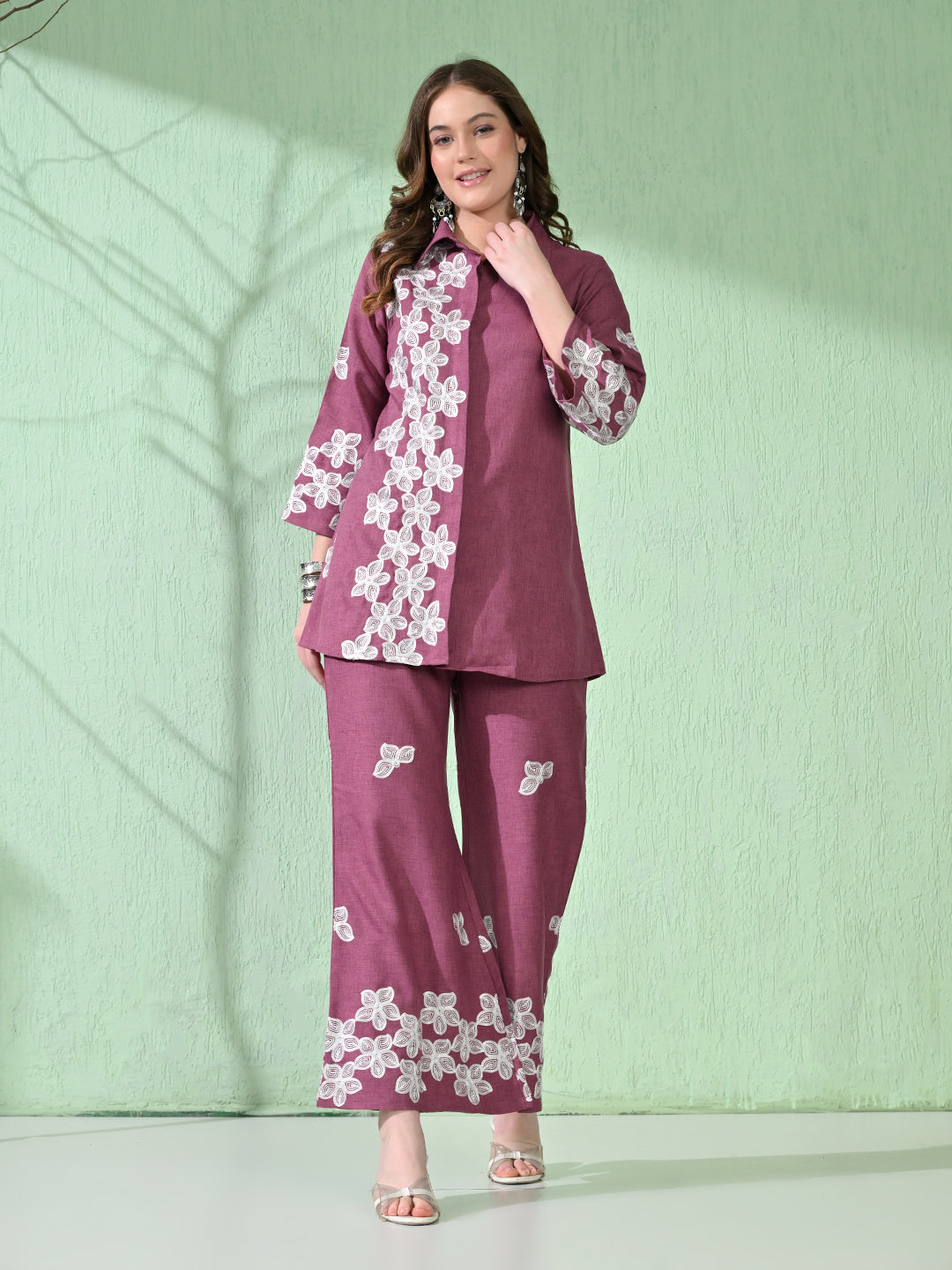 Myshka Women's Floral Embroidered Pink Tunic with Trouser - Distacart