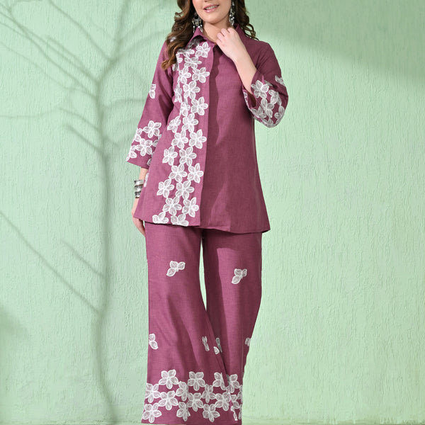 Myshka Women's Floral Embroidered Pink Tunic with Trouser - Distacart