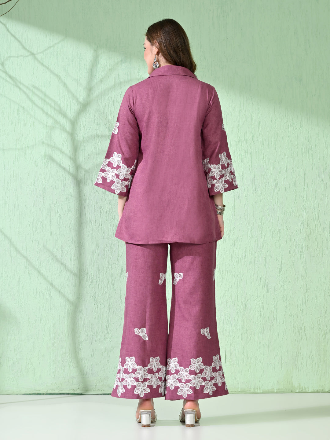 Myshka Women's Floral Embroidered Pink Tunic with Trouser - Distacart