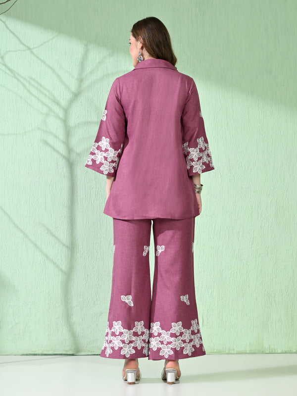 Myshka Women's Floral Embroidered Pink Tunic with Trouser