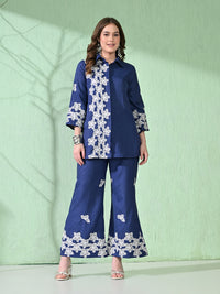 Thumbnail for Myshka Women's Floral Embroidered Navy Tunic with Trouser