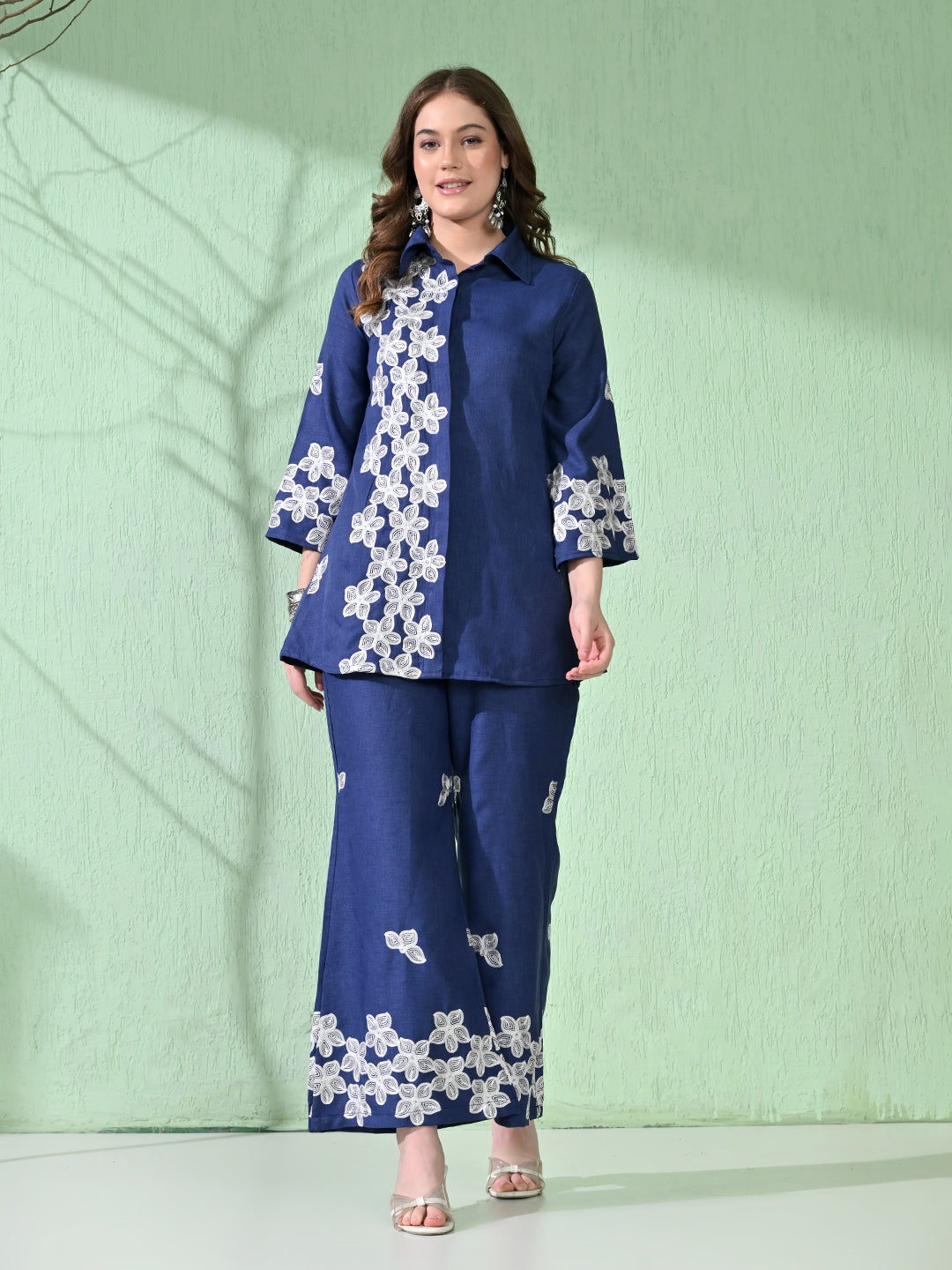 Myshka Women's Floral Embroidered Navy Tunic with Trouser - Distacart