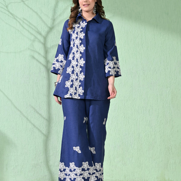 Myshka Women's Floral Embroidered Navy Tunic with Trouser - Distacart
