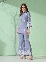 Thumbnail for Myshka Women's Floral Embroidered SkyBlue Tunic with Trouser