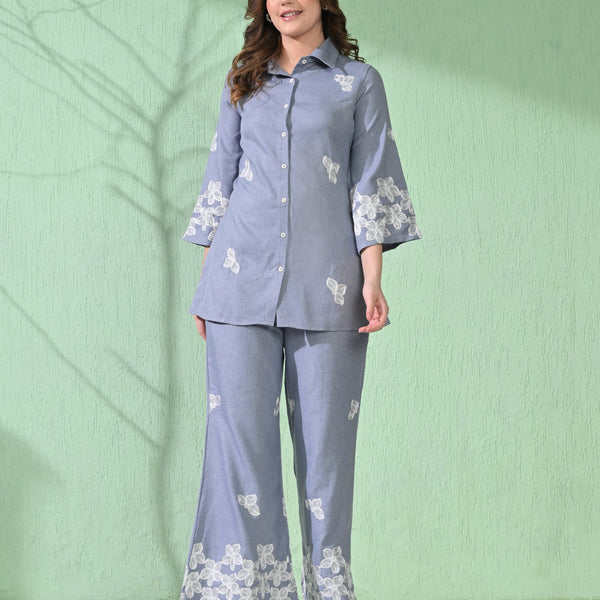 Myshka Women's Floral Embroidered SkyBlue Tunic with Trouser - Distacart
