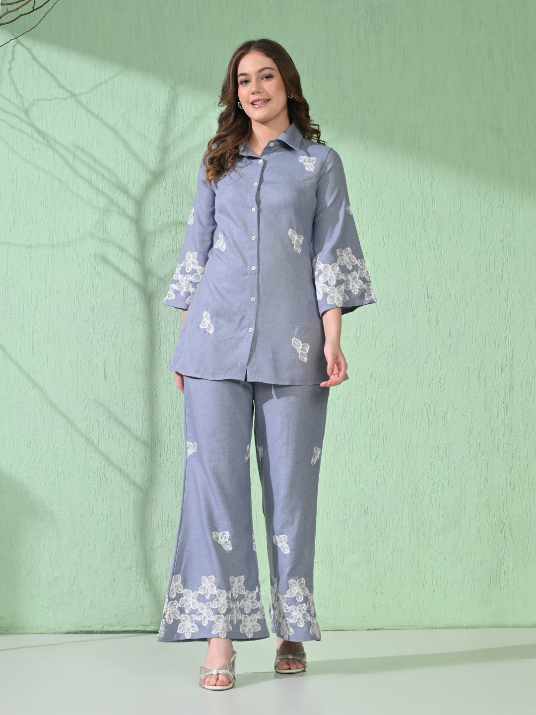 Myshka Women's Floral Embroidered SkyBlue Tunic with Trouser - Distacart