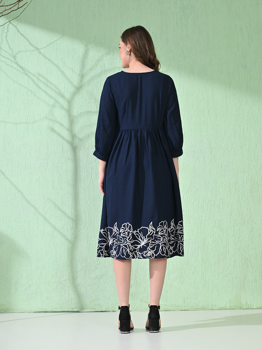 Myshka Women's Flared Knee Length Embroidered Navy Dress - Distacart