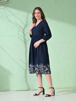 Thumbnail for Myshka Women's Flared Knee Length Embroidered Navy Dress