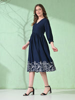 Thumbnail for Myshka Women's Flared Knee Length Embroidered Navy Dress