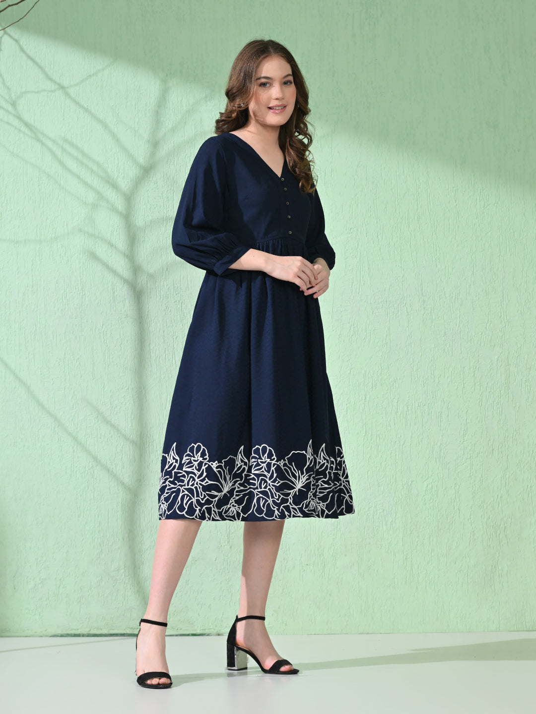 Myshka Women's Flared Knee Length Embroidered Navy Dress