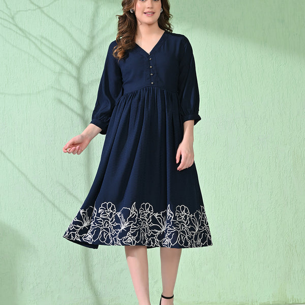Myshka Women's Flared Knee Length Embroidered Navy Dress - Distacart