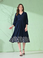 Thumbnail for Myshka Women's Flared Knee Length Embroidered Navy Dress